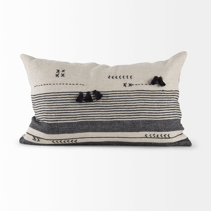 Thalia 13x21 Black and Beige Fabric Striped w/Fringe Pillow Cover w/Non-Allergen Filler, Set of 2