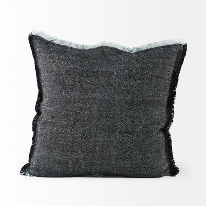 Malia 20x20 Black and Teal Fabric Fringed Pillow Cover w/Non-Allergen Filler, Set of 2