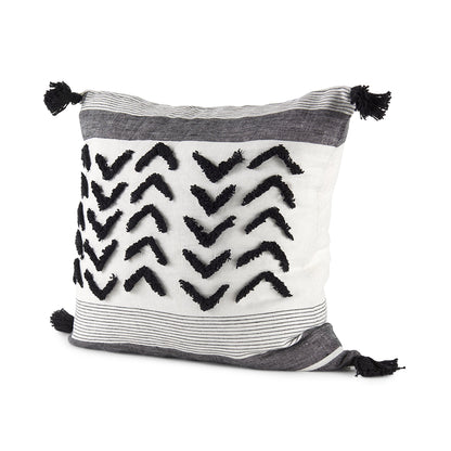 Kimia 20x20 White/Black Fabric Fringed Pillow Cover w/Non-Allergen Filler, Set of 2