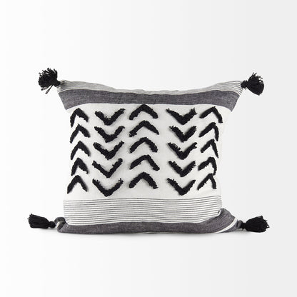 Kimia 20x20 White/Black Fabric Fringed Pillow Cover w/Non-Allergen Filler, Set of 2