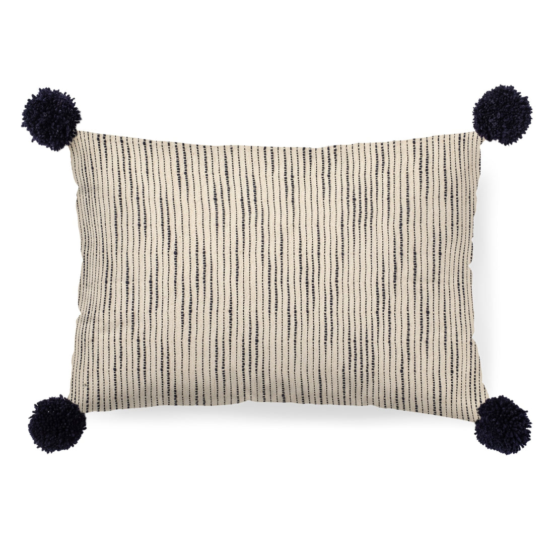 Krystal 13x21 Cream/Blue Pom Pom Pillow Cover w/Non-Allergen Filler, Set of 2