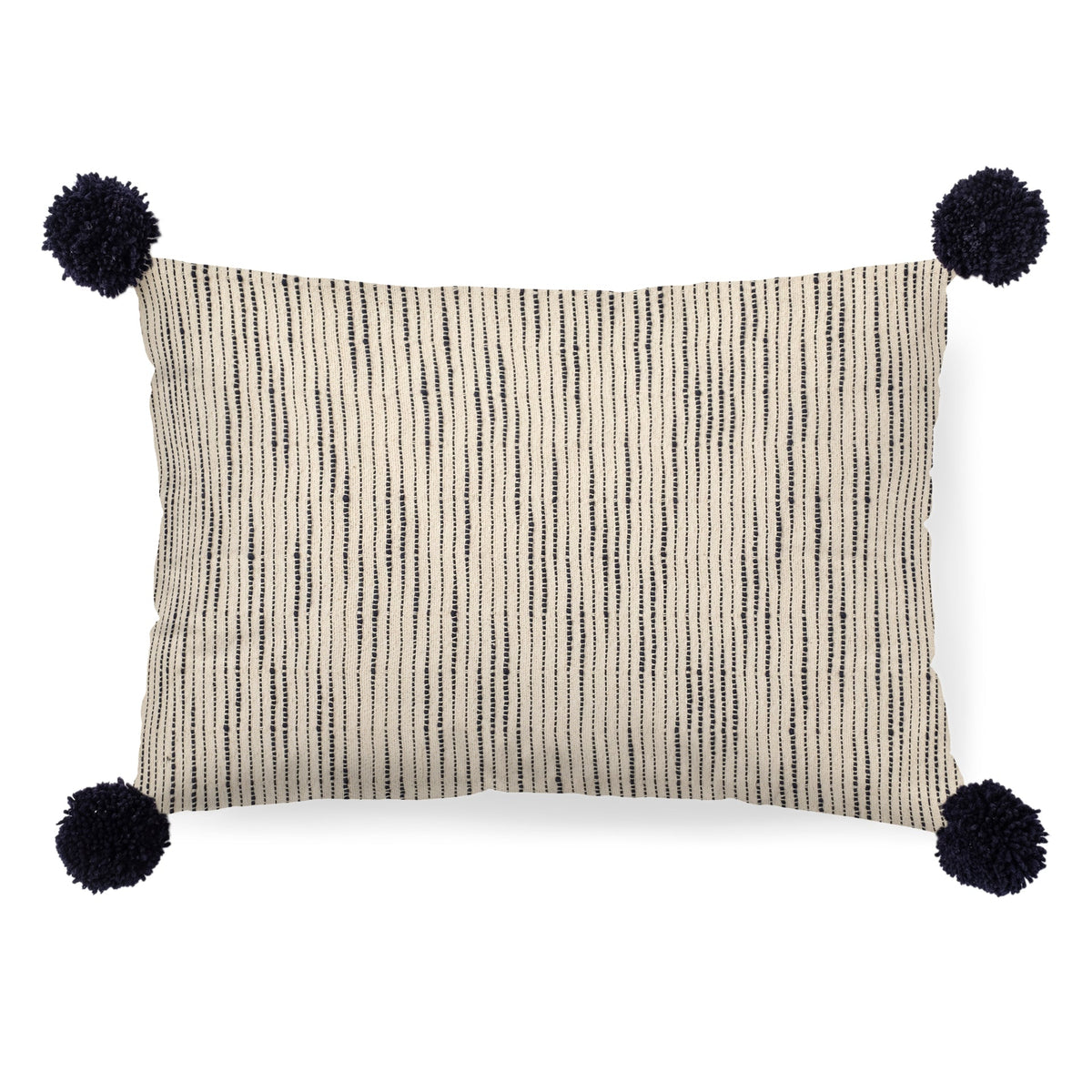 Krystal 13x21 Cream/Blue Pom Pom Pillow Cover w/Non-Allergen Filler, Set of 2