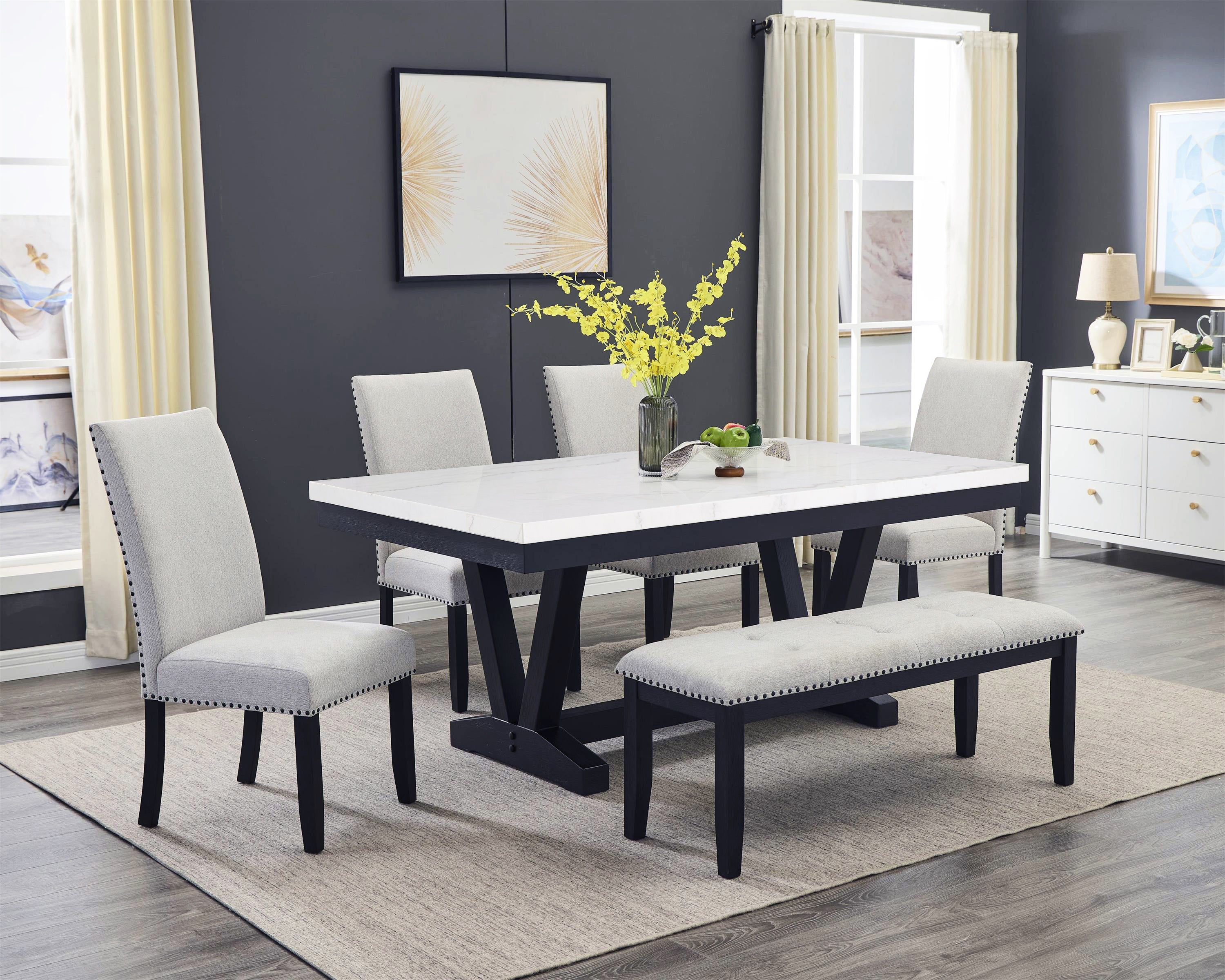 Varley Light Gray Genuine Marble Dining Set from Crown Mark - Luna Furniture