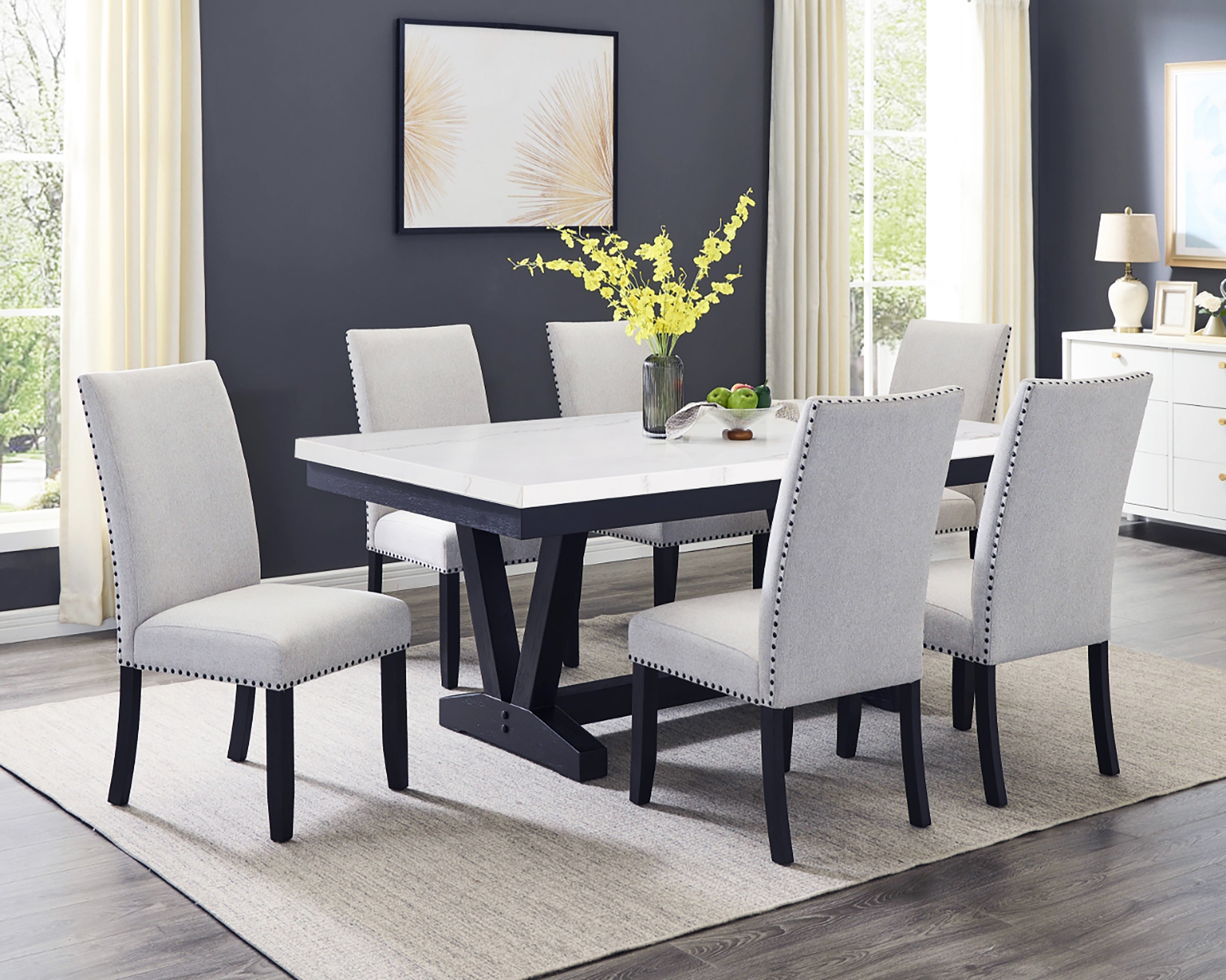 Varley Light Gray Genuine Marble Dining Set from Crown Mark - Luna Furniture