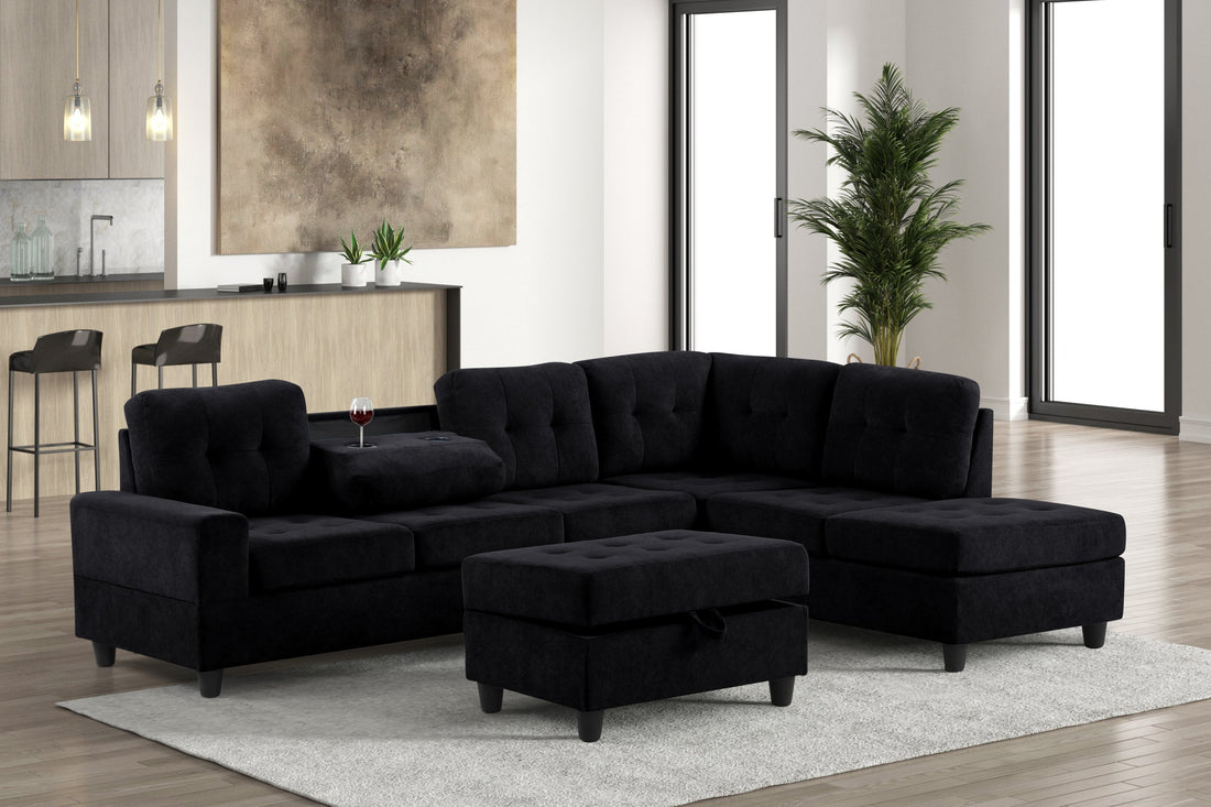 Sion Black Reversible Sectional with Storage Ottoman