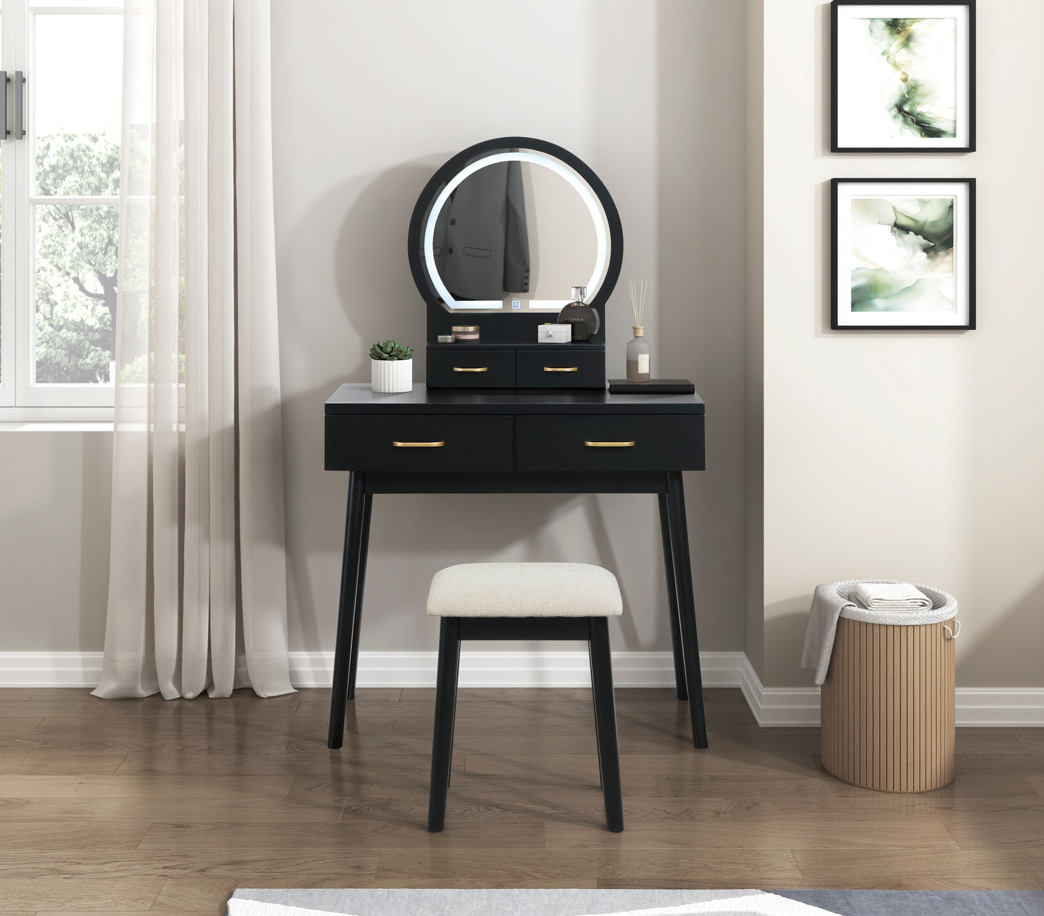 4565BK Vanity Dresser with Mirror and Stool - 4565BK