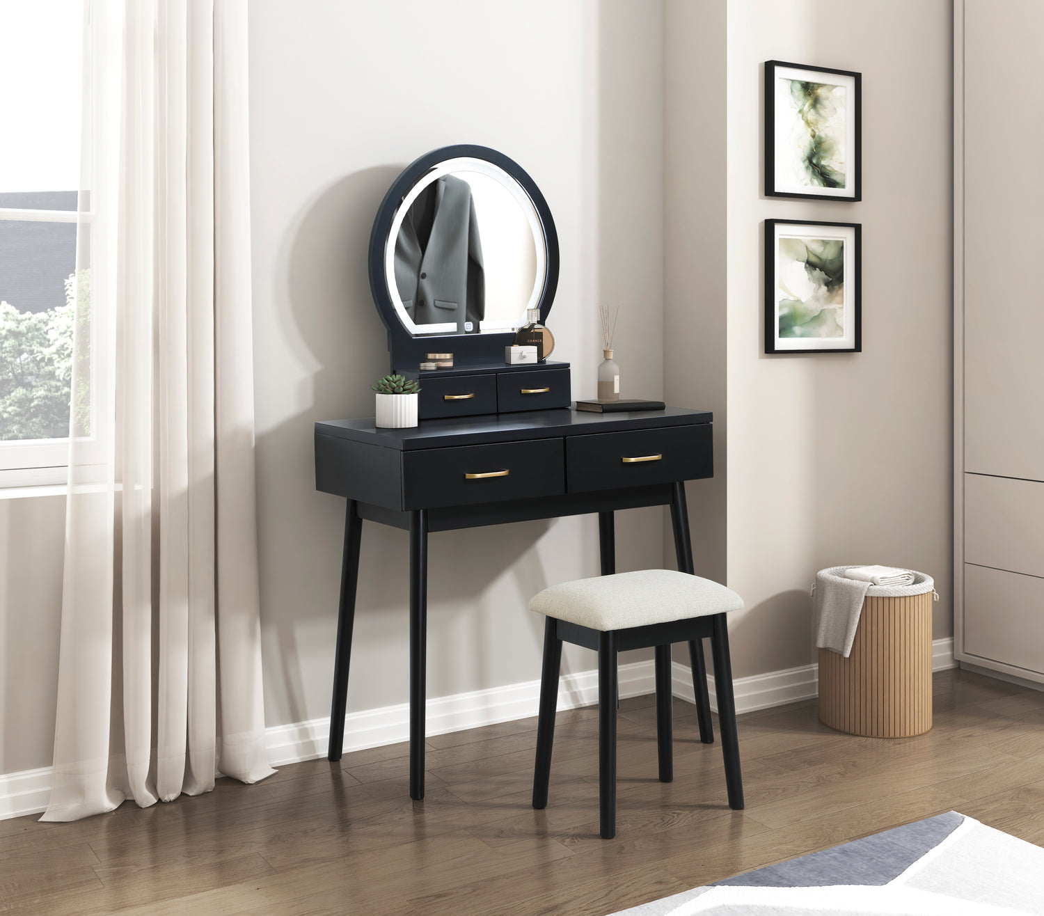 4565BK Vanity Dresser with Mirror and Stool - 4565BK
