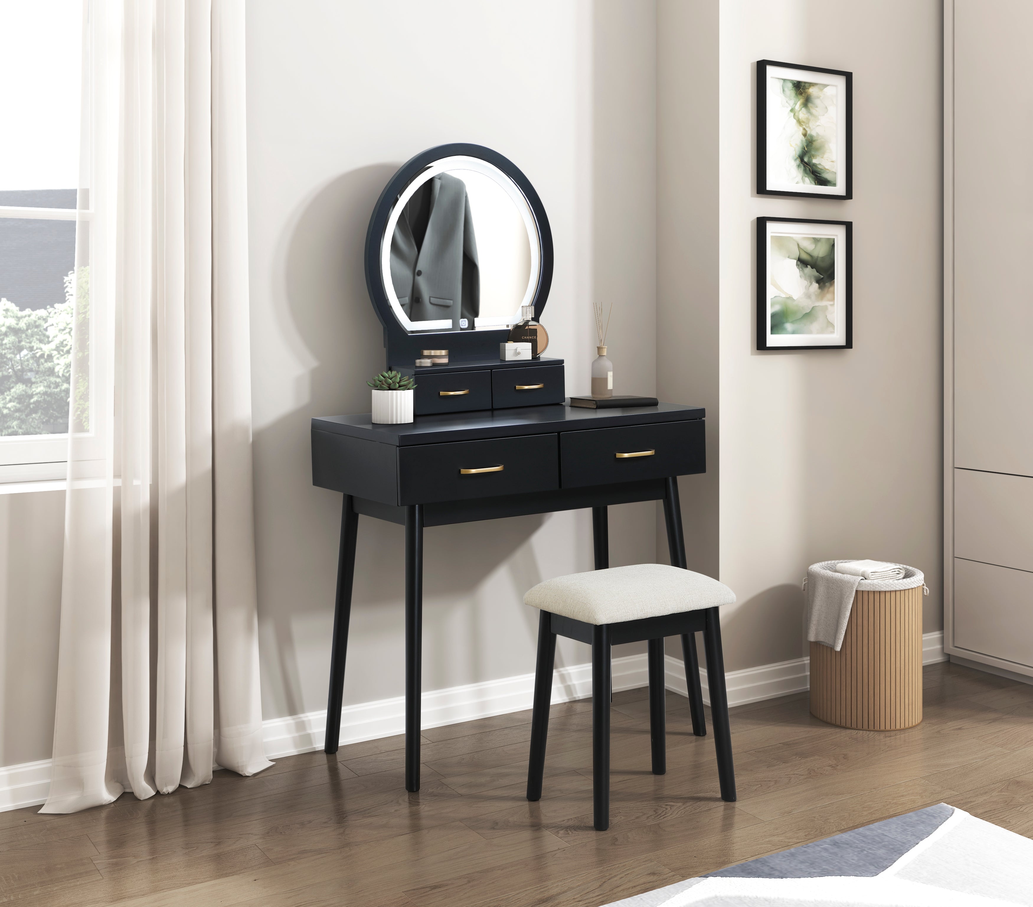 4565BK Vanity Dresser with Mirror and Stool - 4565BK