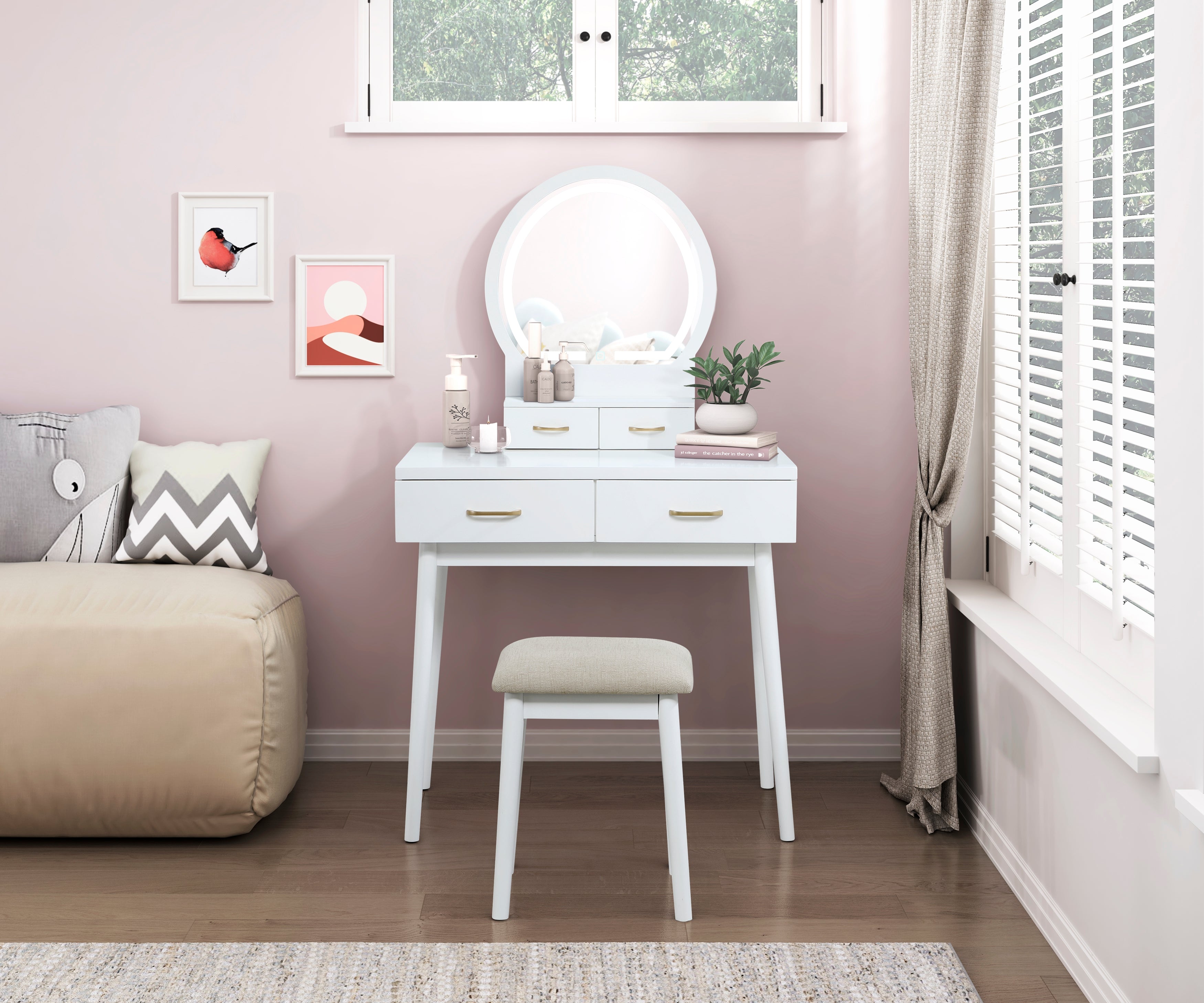 4565WH Vanity Dresser with Mirror and Stool - 4565WH