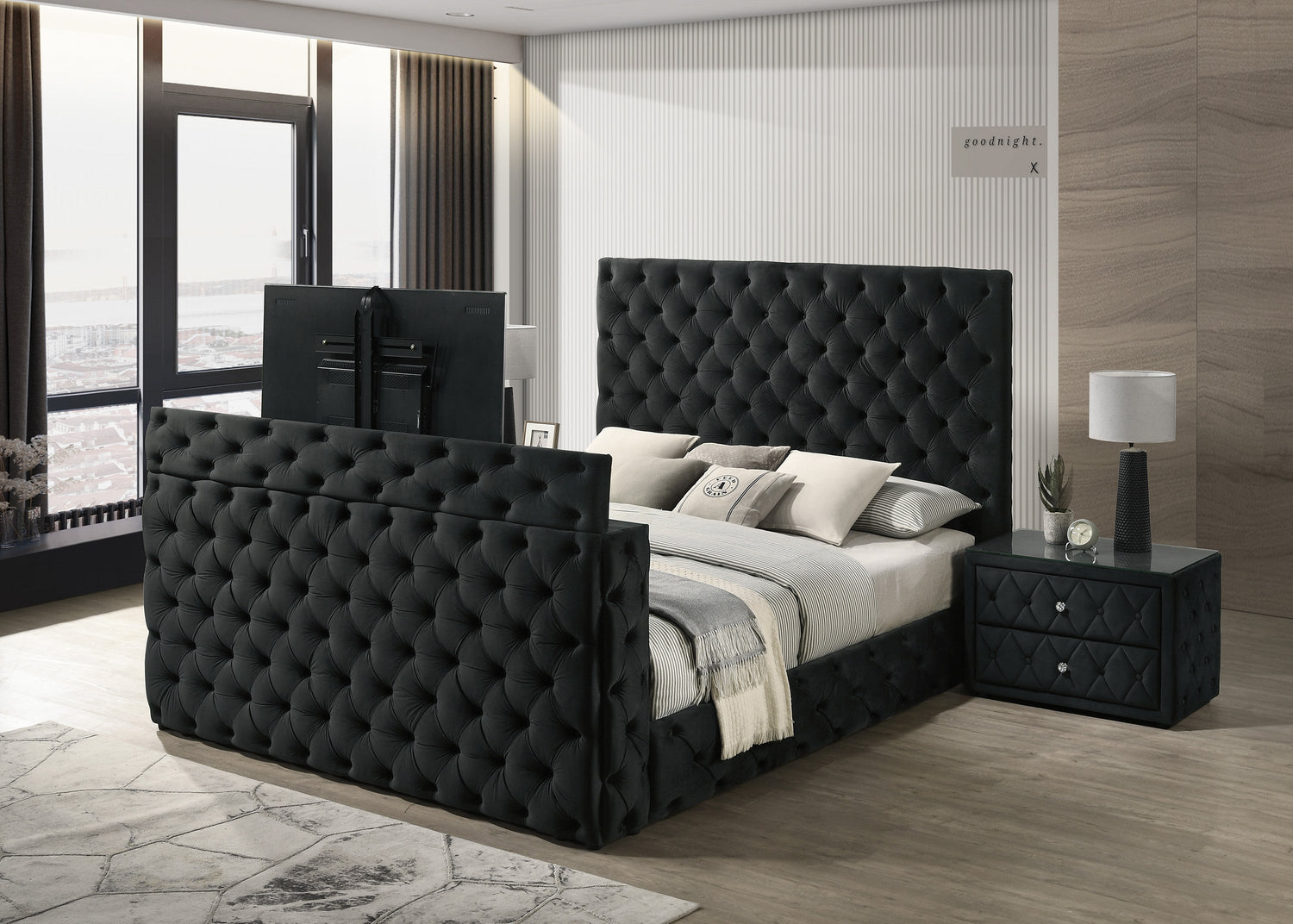 Josephine Black Queen Upholstered Panel Bed with TV Lift from Crown Mark - Luna Furniture
