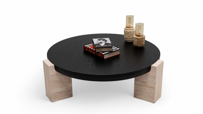 674 Black-Travertine Coffee with End Table - 674-675 BKT-COFEND