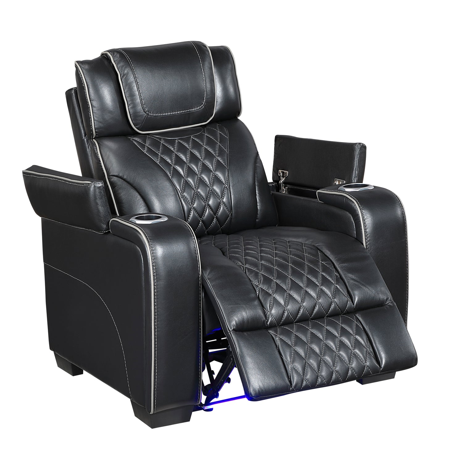 8449BK-1PWHM Power Reclining Chair with Power Headrest, Storage Arms with Cup Holders, Air Massage and Heat, LED Lighting and Charging Ports - 8449BK-1PWHM