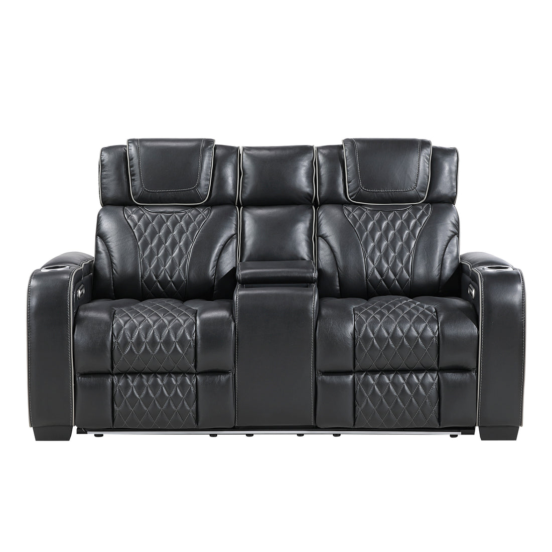 8449BK-2PWHM Power Double Reclining Love Seat with Center Console, Power Headrests, Storage Arms with Cup Holders, Wireless charger, Air Massage and Heat, LED Lighting and Charging Ports - 8449BK-2PWHM