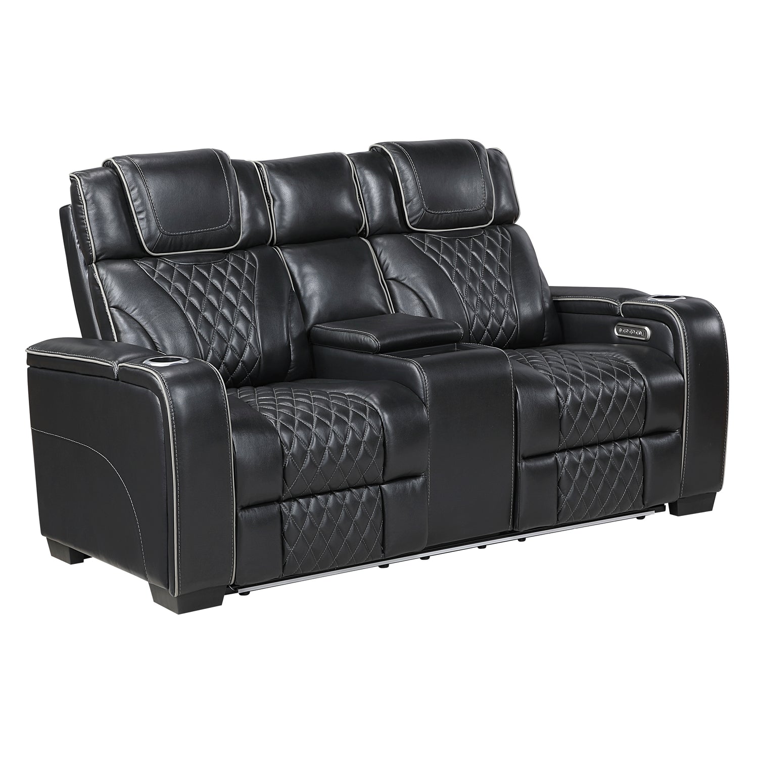 8449BK-2PWHM Power Double Reclining Love Seat with Center Console, Power Headrests, Storage Arms with Cup Holders, Wireless charger, Air Massage and Heat, LED Lighting and Charging Ports - 8449BK-2PWHM