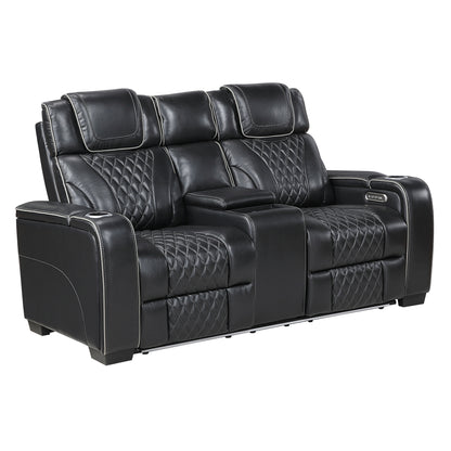 8449BK-2PWHM Power Double Reclining Love Seat with Center Console, Power Headrests, Storage Arms with Cup Holders, Wireless charger, Air Massage and Heat, LED Lighting and Charging Ports - 8449BK-2PWHM
