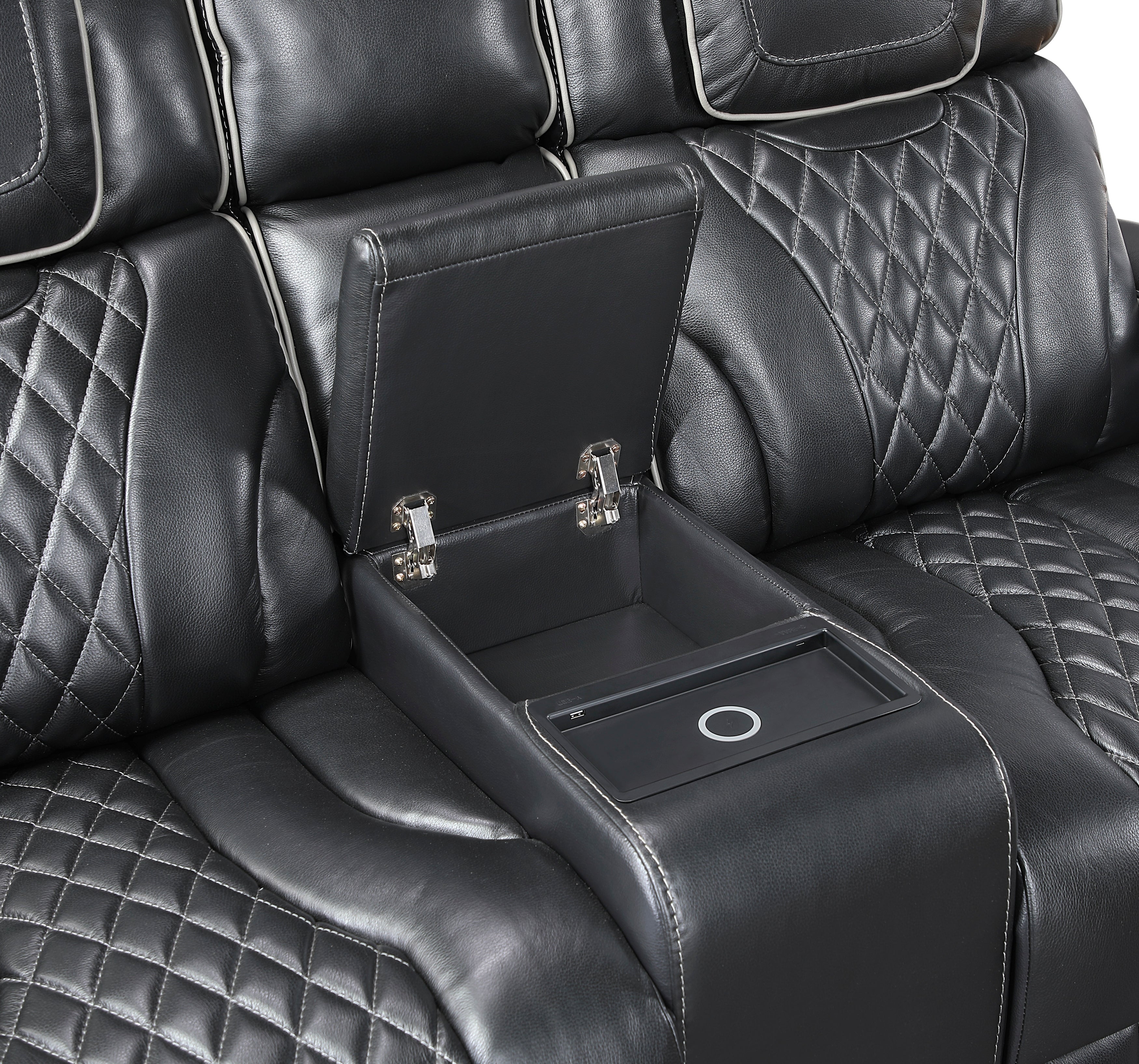 8449BK-2PWHM Power Double Reclining Love Seat with Center Console, Power Headrests, Storage Arms with Cup Holders, Wireless charger, Air Massage and Heat, LED Lighting and Charging Ports - 8449BK-2PWHM