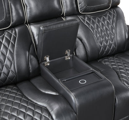 8449BK-2PWHM Power Double Reclining Love Seat with Center Console, Power Headrests, Storage Arms with Cup Holders, Wireless charger, Air Massage and Heat, LED Lighting and Charging Ports - 8449BK-2PWHM