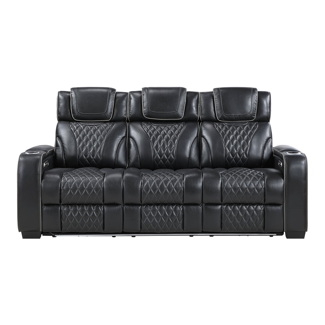 8449BK-3PWHM Power Double Reclining Sofa with Center Drop-Down Cup Holders, Power Headrests, Storage Arms with Cup holders, Reading Lights, Wireless Charger, Air Massage and Heat, LED Lighting and Charging Ports - 8449BK-3PWHM