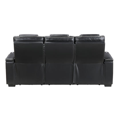8449BK-3PWHM Power Double Reclining Sofa with Center Drop-Down Cup Holders, Power Headrests, Storage Arms with Cup holders, Reading Lights, Wireless Charger, Air Massage and Heat, LED Lighting and Charging Ports - 8449BK-3PWHM