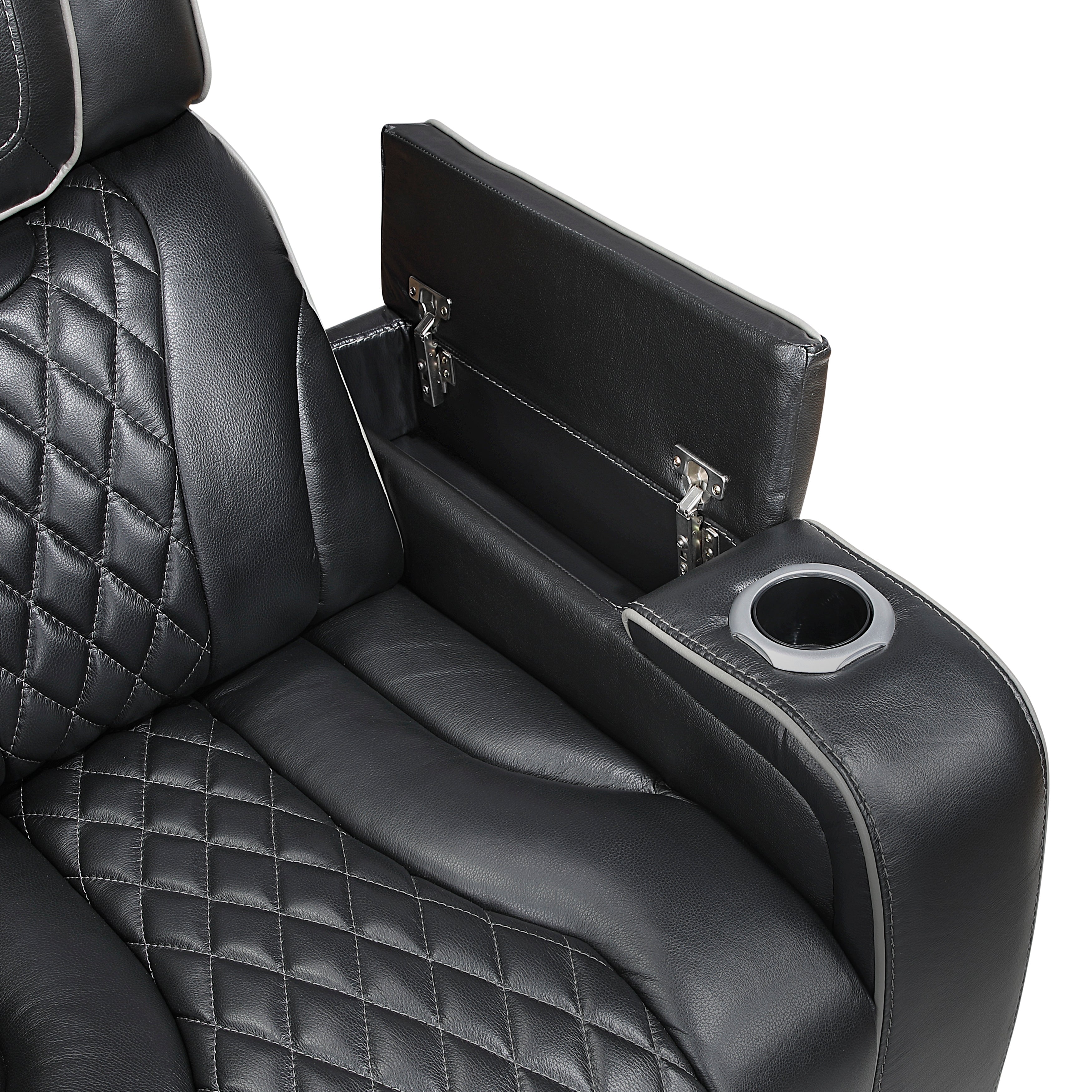 8449BK-3PWHM Power Double Reclining Sofa with Center Drop-Down Cup Holders, Power Headrests, Storage Arms with Cup holders, Reading Lights, Wireless Charger, Air Massage and Heat, LED Lighting and Charging Ports - 8449BK-3PWHM