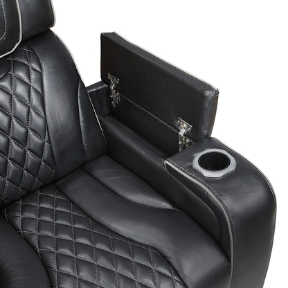 8449BK-3PWHM Power Double Reclining Sofa with Center Drop-Down Cup Holders, Power Headrests, Storage Arms with Cup holders, Reading Lights, Wireless Charger, Air Massage and Heat, LED Lighting and Charging Ports - 8449BK-3PWHM