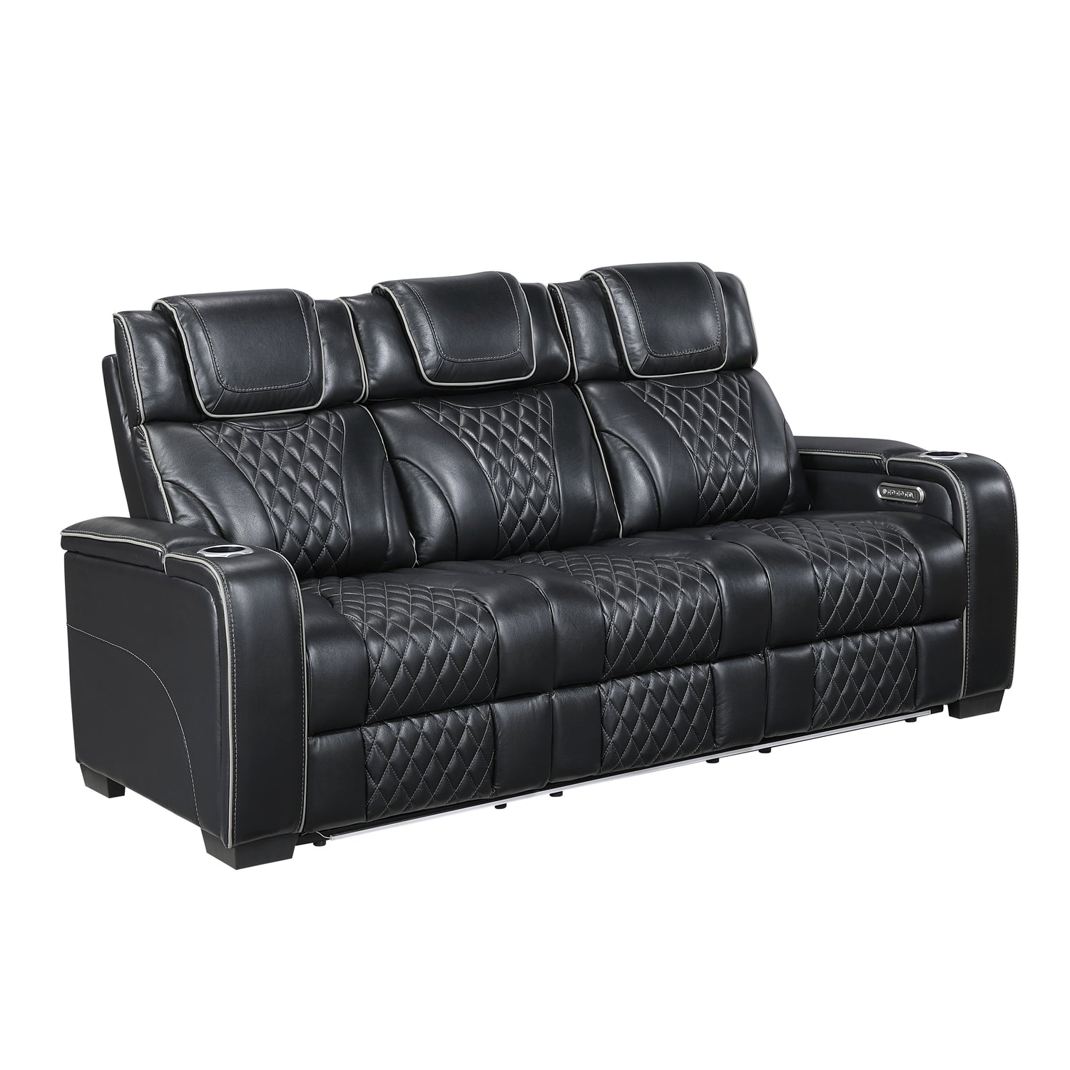 8449BK-3PWHM Power Double Reclining Sofa with Center Drop-Down Cup Holders, Power Headrests, Storage Arms with Cup holders, Reading Lights, Wireless Charger, Air Massage and Heat, LED Lighting and Charging Ports - 8449BK-3PWHM