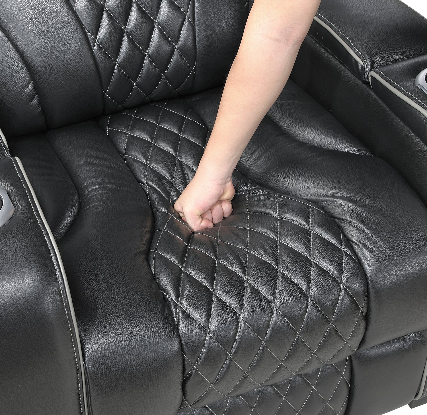 8449BK-3PWHM Power Double Reclining Sofa with Center Drop-Down Cup Holders, Power Headrests, Storage Arms with Cup holders, Reading Lights, Wireless Charger, Air Massage and Heat, LED Lighting and Charging Ports - 8449BK-3PWHM