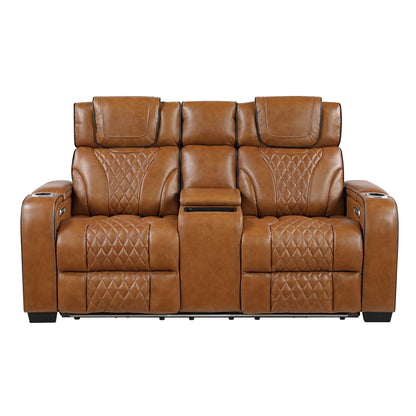 8449BR-2PWHM Power Double Reclining Love Seat with Center Console, Power Headrests, Storage Arms with Cup Holders, Wireless charger, Air Massage and Heat, LED Lighting and Charging Ports - 8449BR-2PWHM