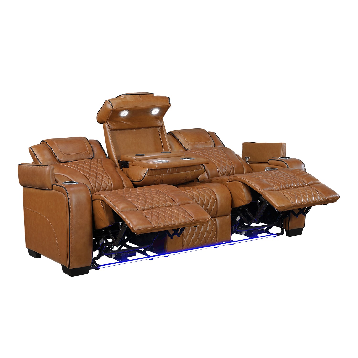 8449BR-3PWHM Power Double Reclining Sofa with Center Drop-Down Cup Holders, Power Headrests, Storage Arms with Cup holders, Reading Lights, Wireless Charger, Air Massage and Heat, LED Lighting and Charging Ports - 8449BR-3PWHM