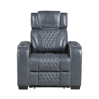 8449BU-1PWHM Power Reclining Chair with Power Headrest, Storage Arms with Cup Holders, Air Massage and Heat, LED Lighting and Charging Ports - 8449BU-1PWHM