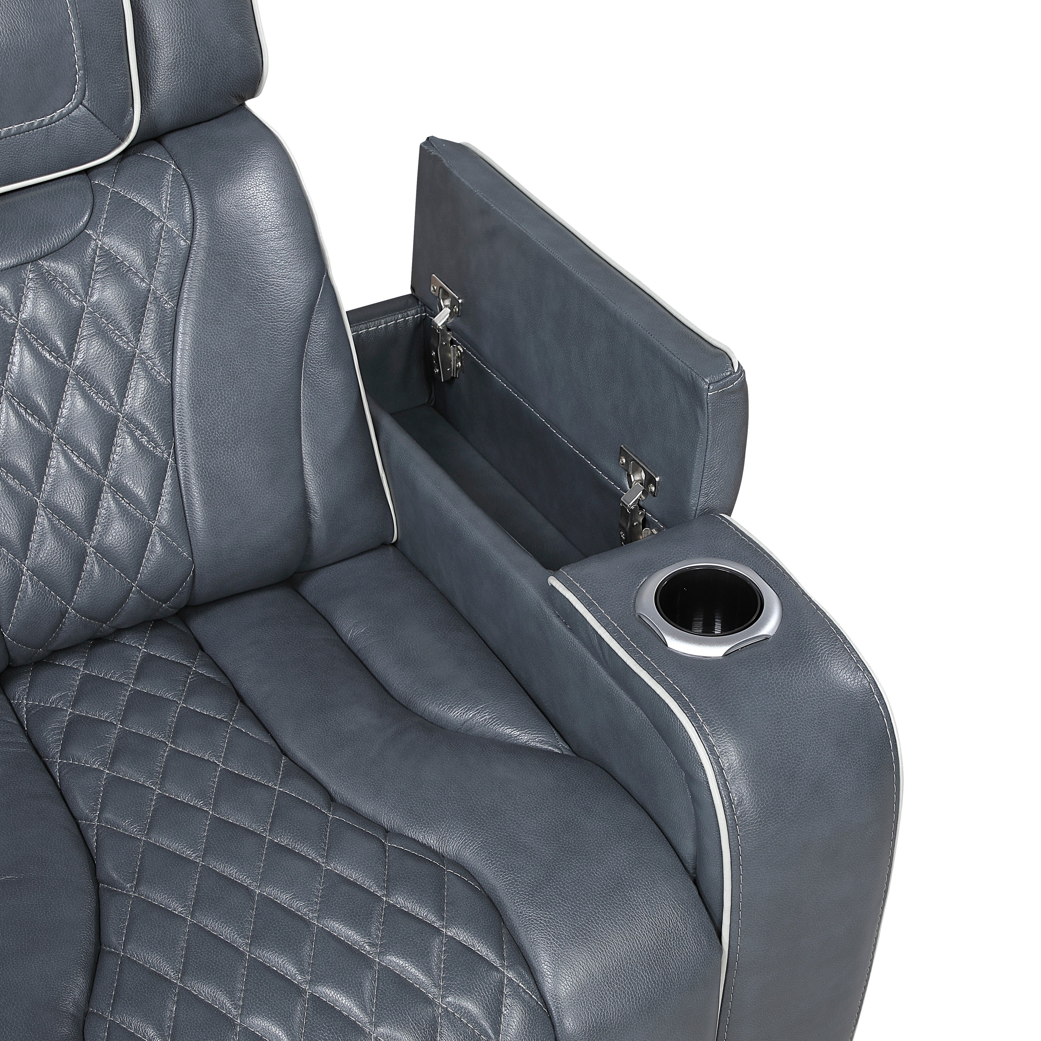 8449BU-1PWHM Power Reclining Chair with Power Headrest, Storage Arms with Cup Holders, Air Massage and Heat, LED Lighting and Charging Ports - 8449BU-1PWHM