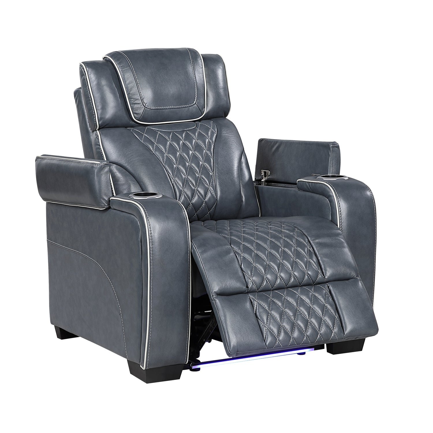 8449BU-1PWHM Power Reclining Chair with Power Headrest, Storage Arms with Cup Holders, Air Massage and Heat, LED Lighting and Charging Ports - 8449BU-1PWHM