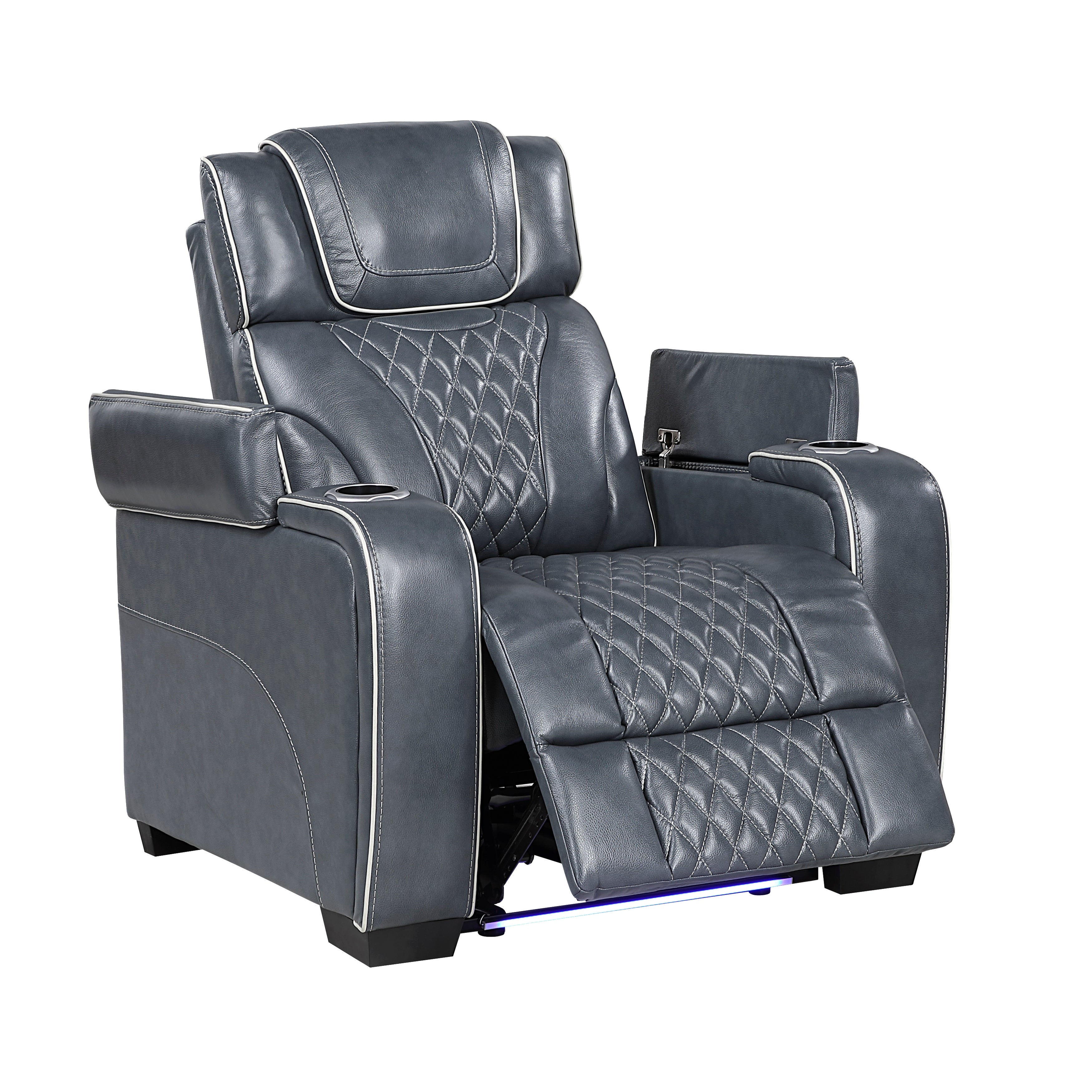 8449BU-1PWHM Power Reclining Chair with Power Headrest, Storage Arms with Cup Holders, Air Massage and Heat, LED Lighting and Charging Ports - 8449BU-1PWHM