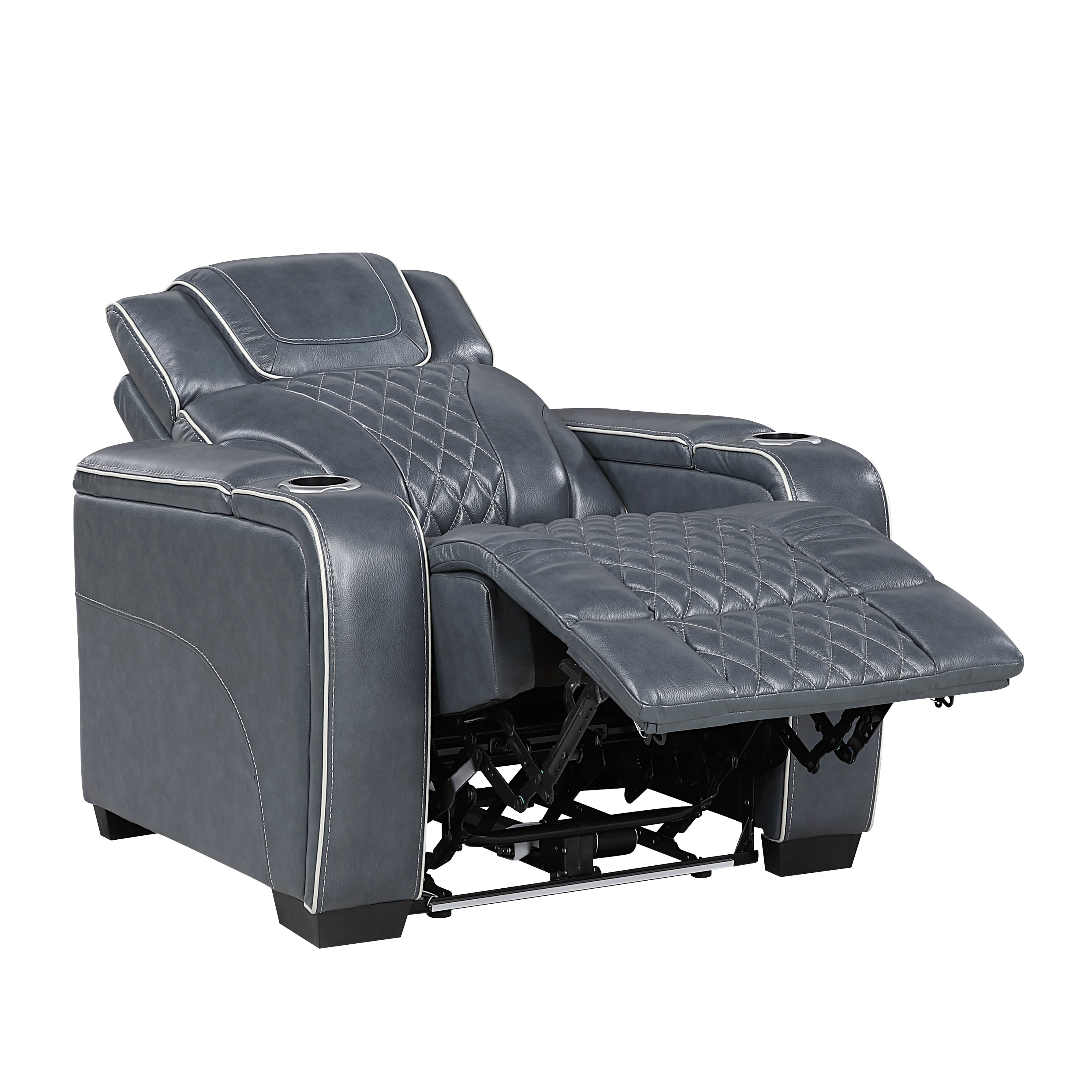 8449BU-1PWHM Power Reclining Chair with Power Headrest, Storage Arms with Cup Holders, Air Massage and Heat, LED Lighting and Charging Ports - 8449BU-1PWHM