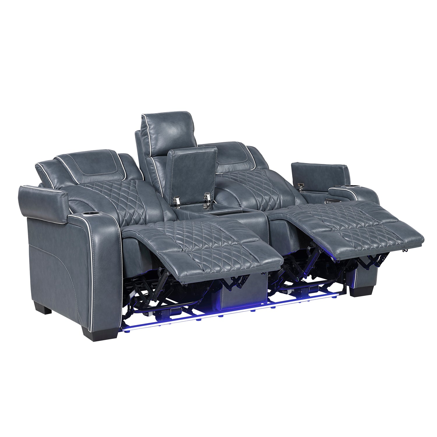 8449BU-2PWHM Power Double Reclining Love Seat with Center Console, Power Headrests, Storage Arms with Cup Holders, Wireless charger, Air Massage and Heat, LED Lighting and Charging Ports - 8449BU-2PWHM