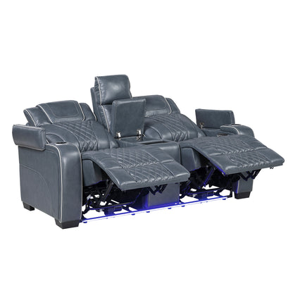 8449BU-2PWHM Power Double Reclining Love Seat with Center Console, Power Headrests, Storage Arms with Cup Holders, Wireless charger, Air Massage and Heat, LED Lighting and Charging Ports - 8449BU-2PWHM