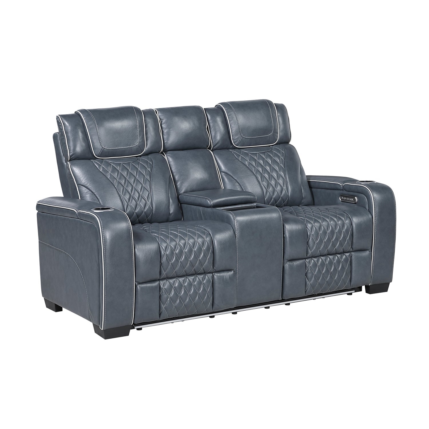 8449BU-2PWHM Power Double Reclining Love Seat with Center Console, Power Headrests, Storage Arms with Cup Holders, Wireless charger, Air Massage and Heat, LED Lighting and Charging Ports - 8449BU-2PWHM