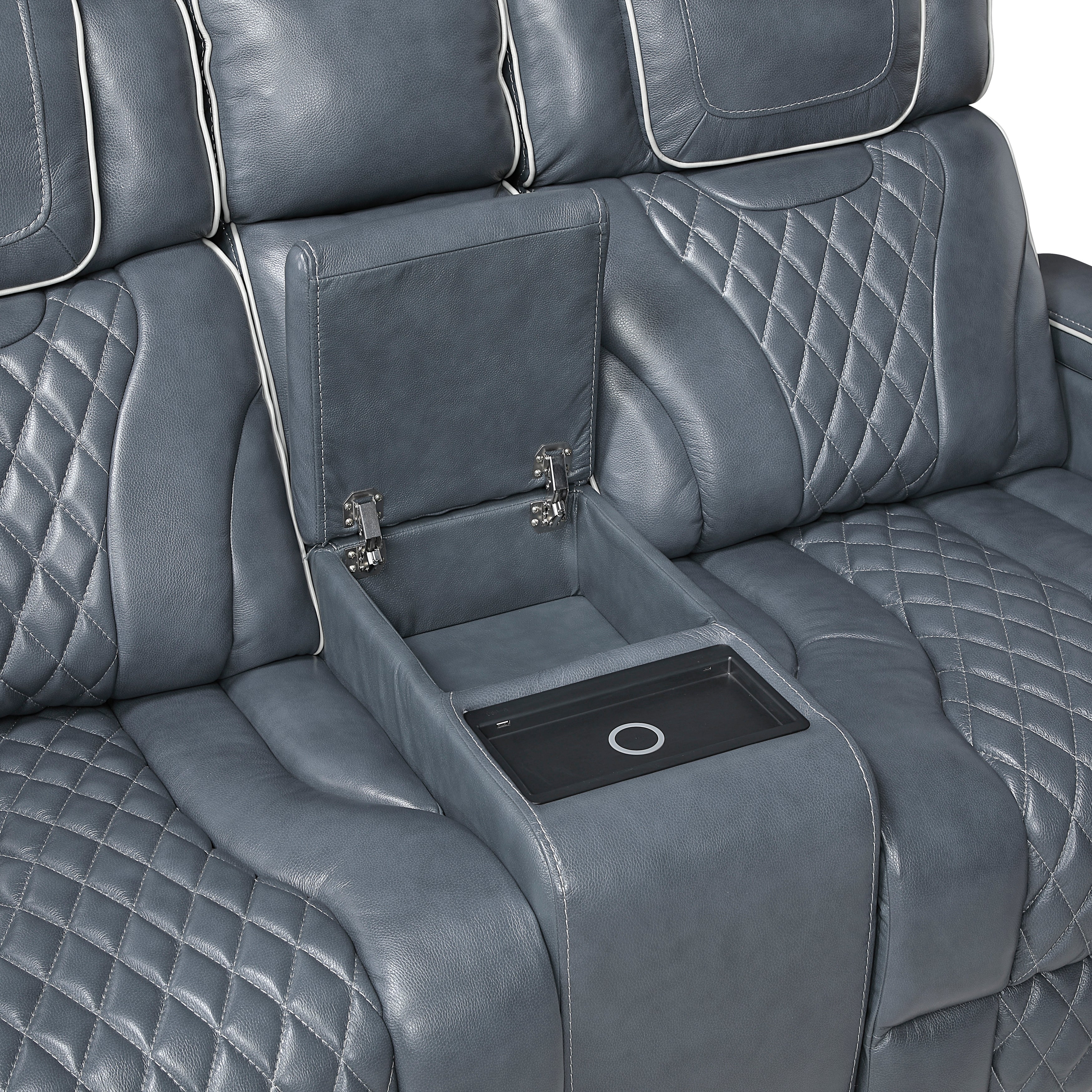 8449BU-2PWHM Power Double Reclining Love Seat with Center Console, Power Headrests, Storage Arms with Cup Holders, Wireless charger, Air Massage and Heat, LED Lighting and Charging Ports - 8449BU-2PWHM