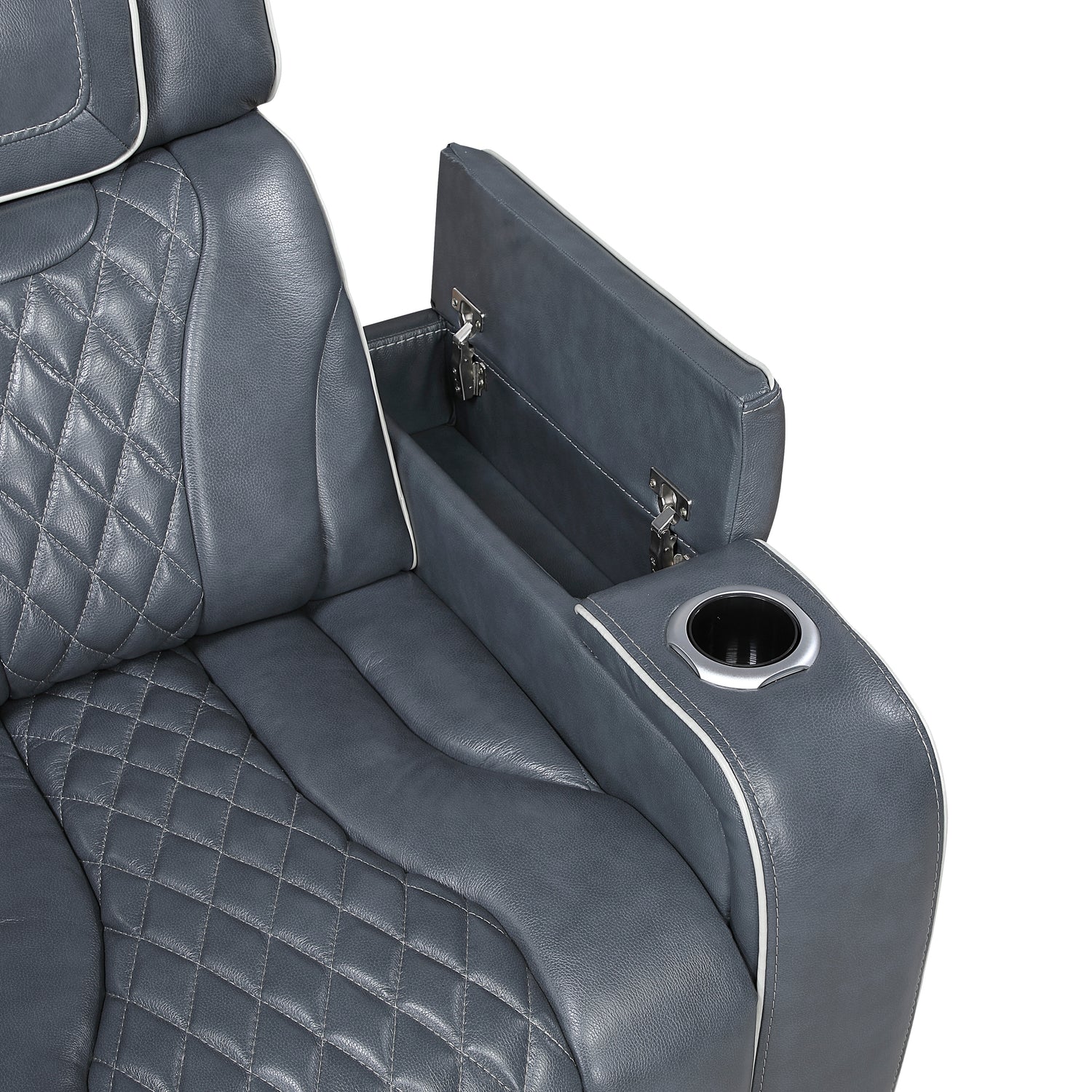 8449BU-2PWHM Power Double Reclining Love Seat with Center Console, Power Headrests, Storage Arms with Cup Holders, Wireless charger, Air Massage and Heat, LED Lighting and Charging Ports - 8449BU-2PWHM