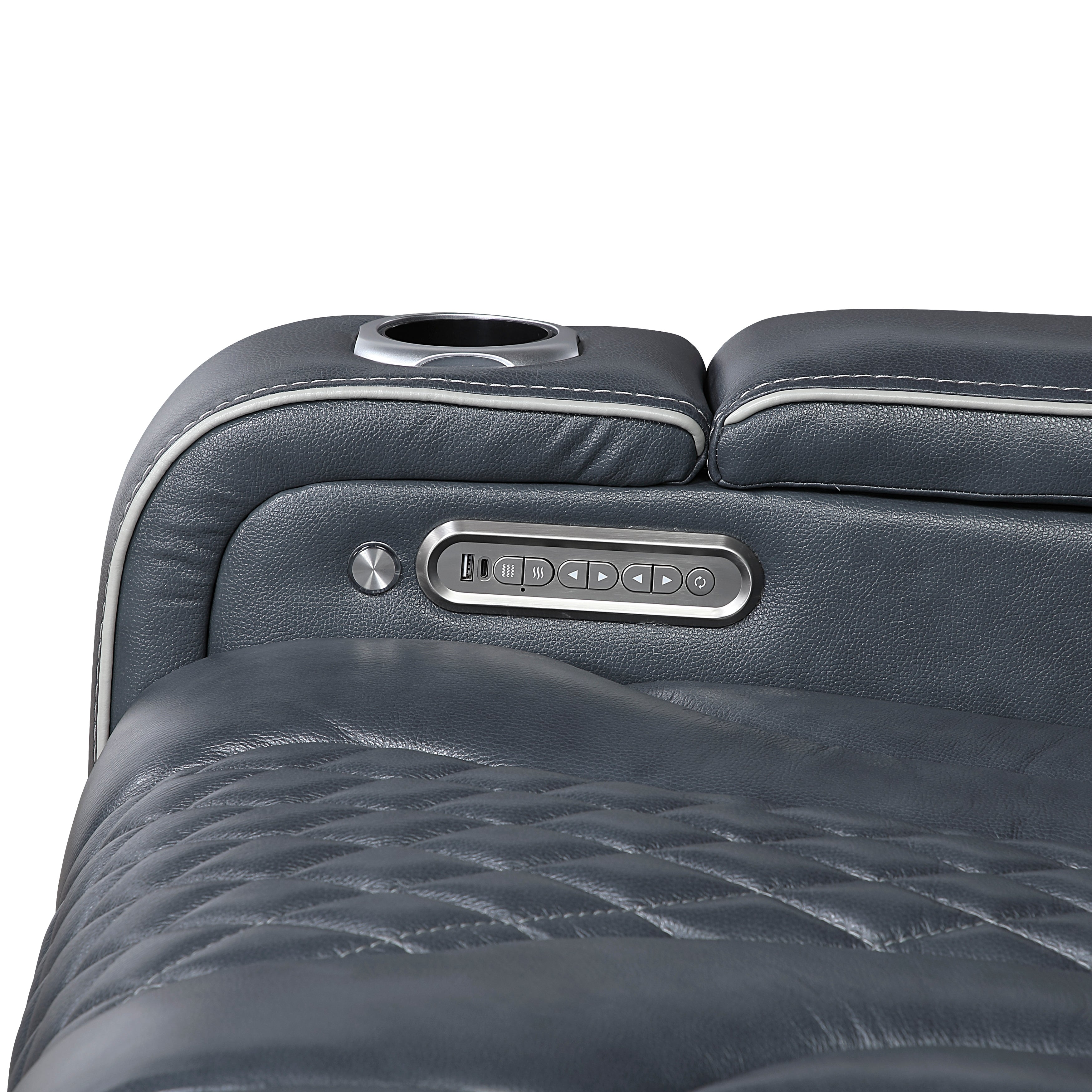 8449BU-2PWHM Power Double Reclining Love Seat with Center Console, Power Headrests, Storage Arms with Cup Holders, Wireless charger, Air Massage and Heat, LED Lighting and Charging Ports - 8449BU-2PWHM