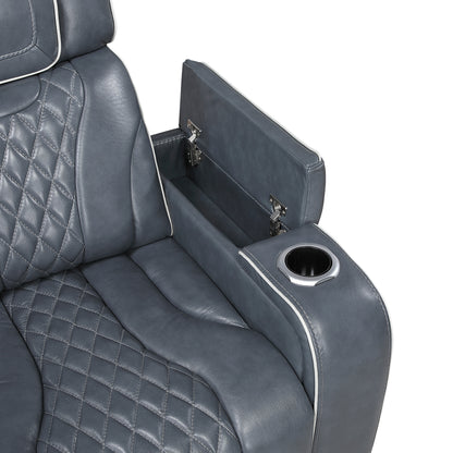 8449BU-3PWHM Power Double Reclining Sofa with Center Drop-Down Cup Holders, Power Headrests, Storage Arms with Cup holders, Reading Lights, Wireless Charger, Air Massage and Heat, LED Lighting and Charging Ports - 8449BU-3PWHM