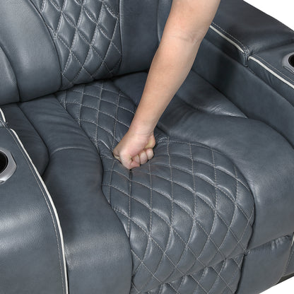 8449BU-3PWHM Power Double Reclining Sofa with Center Drop-Down Cup Holders, Power Headrests, Storage Arms with Cup holders, Reading Lights, Wireless Charger, Air Massage and Heat, LED Lighting and Charging Ports - 8449BU-3PWHM