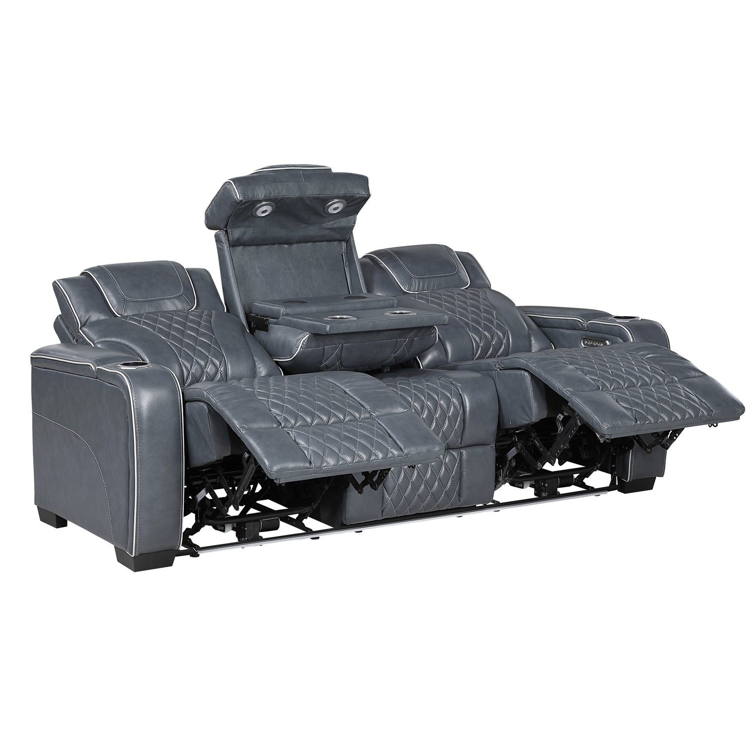 8449BU-3PWHM Power Double Reclining Sofa with Center Drop-Down Cup Holders, Power Headrests, Storage Arms with Cup holders, Reading Lights, Wireless Charger, Air Massage and Heat, LED Lighting and Charging Ports - 8449BU-3PWHM
