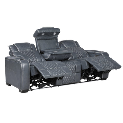 8449BU-3PWHM Power Double Reclining Sofa with Center Drop-Down Cup Holders, Power Headrests, Storage Arms with Cup holders, Reading Lights, Wireless Charger, Air Massage and Heat, LED Lighting and Charging Ports - 8449BU-3PWHM