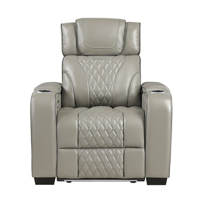 8449GY-1PWHM Power Reclining Chair with Power Headrest, Storage Arms with Cup Holders, Air Massage and Heat, LED Lighting and Charging Ports - 8449GY-1PWHM