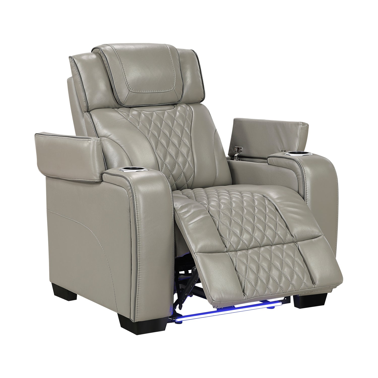 8449GY-1PWHM Power Reclining Chair with Power Headrest, Storage Arms with Cup Holders, Air Massage and Heat, LED Lighting and Charging Ports - 8449GY-1PWHM