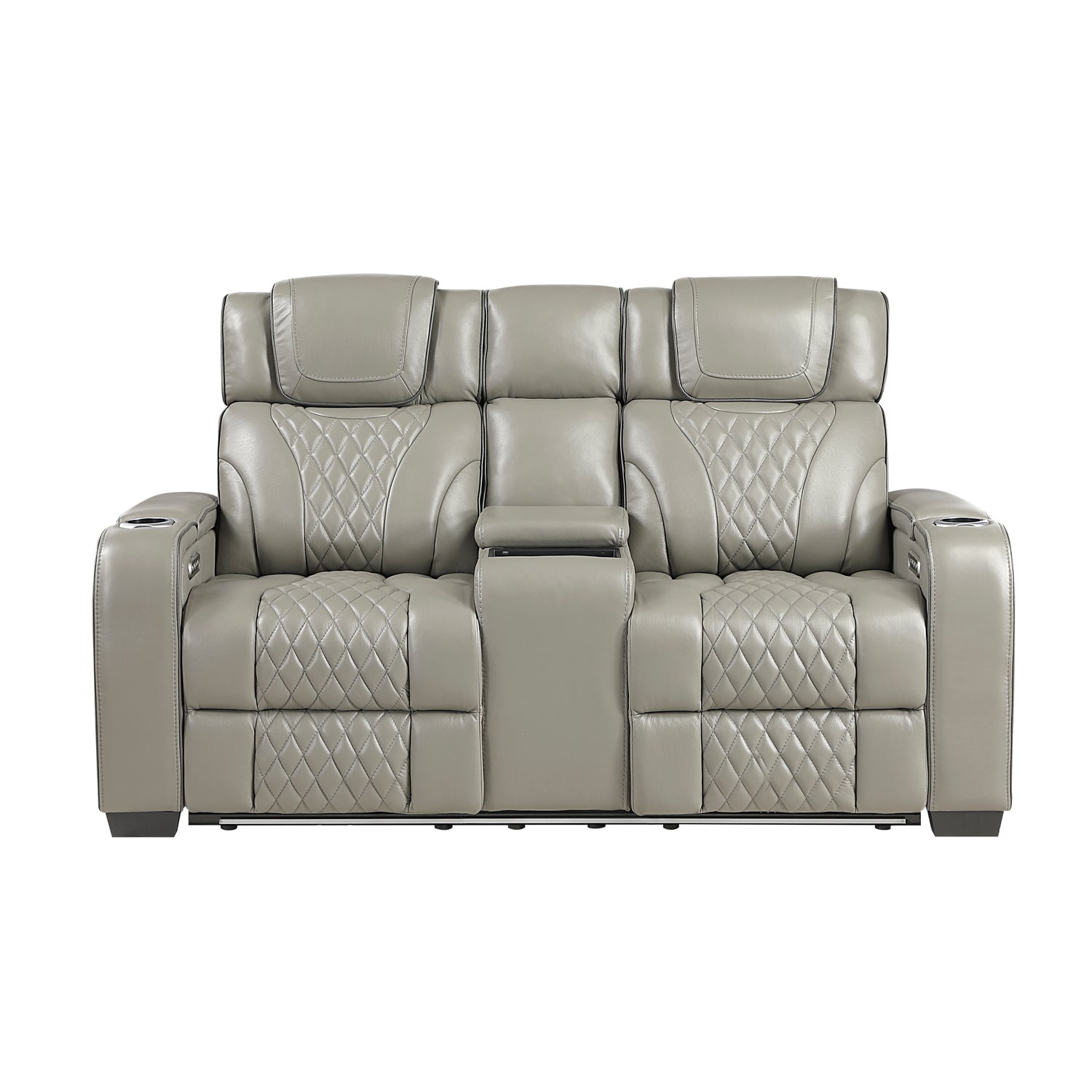 8449GY-2PWHM Power Double Reclining Love Seat with Center Console, Power Headrests, Storage Arms with Cup Holders, Wireless charger, Air Massage and Heat, LED Lighting and Charging Ports - 8449GY-2PWHM