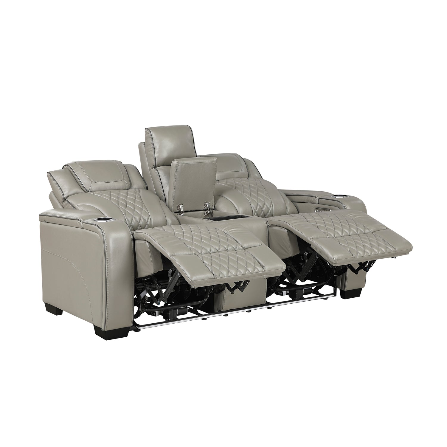 8449GY-2PWHM Power Double Reclining Love Seat with Center Console, Power Headrests, Storage Arms with Cup Holders, Wireless charger, Air Massage and Heat, LED Lighting and Charging Ports - 8449GY-2PWHM