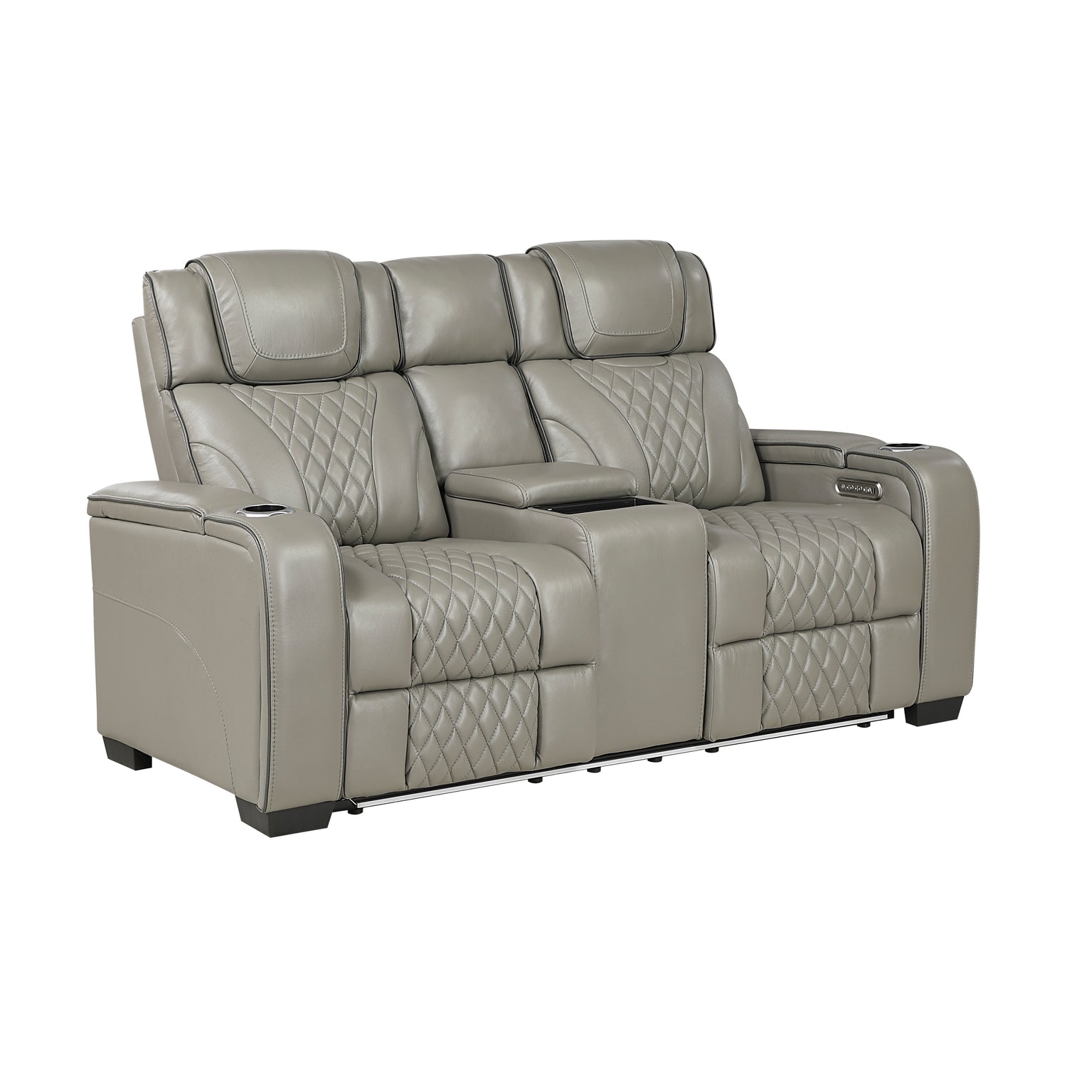 8449GY-2PWHM Power Double Reclining Love Seat with Center Console, Power Headrests, Storage Arms with Cup Holders, Wireless charger, Air Massage and Heat, LED Lighting and Charging Ports - 8449GY-2PWHM