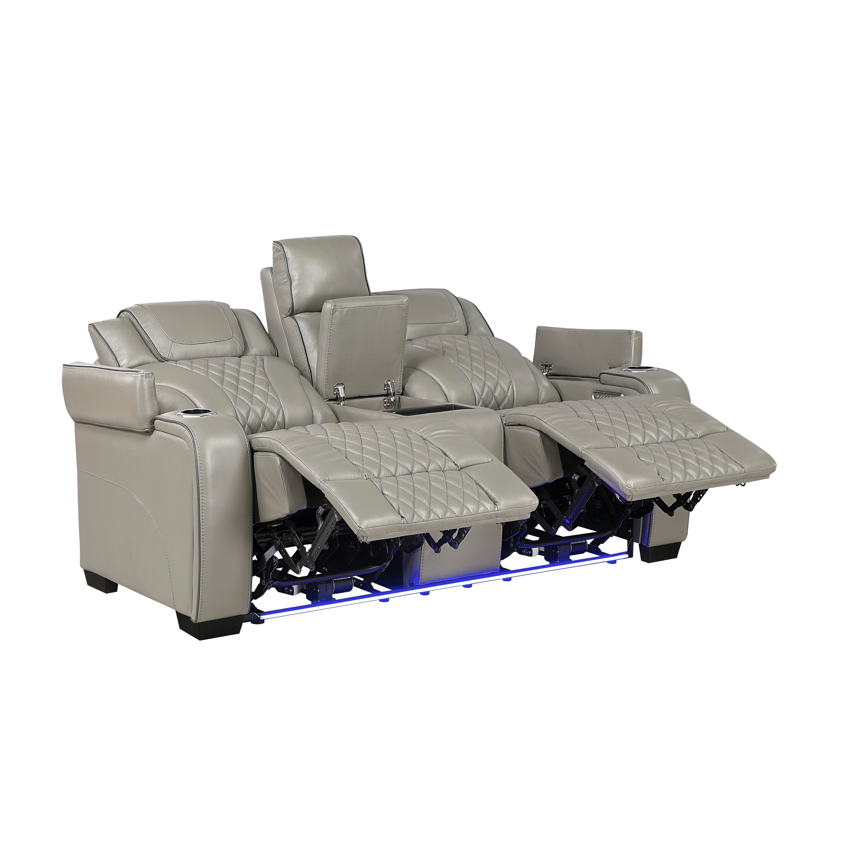8449GY-2PWHM Power Double Reclining Love Seat with Center Console, Power Headrests, Storage Arms with Cup Holders, Wireless charger, Air Massage and Heat, LED Lighting and Charging Ports - 8449GY-2PWHM